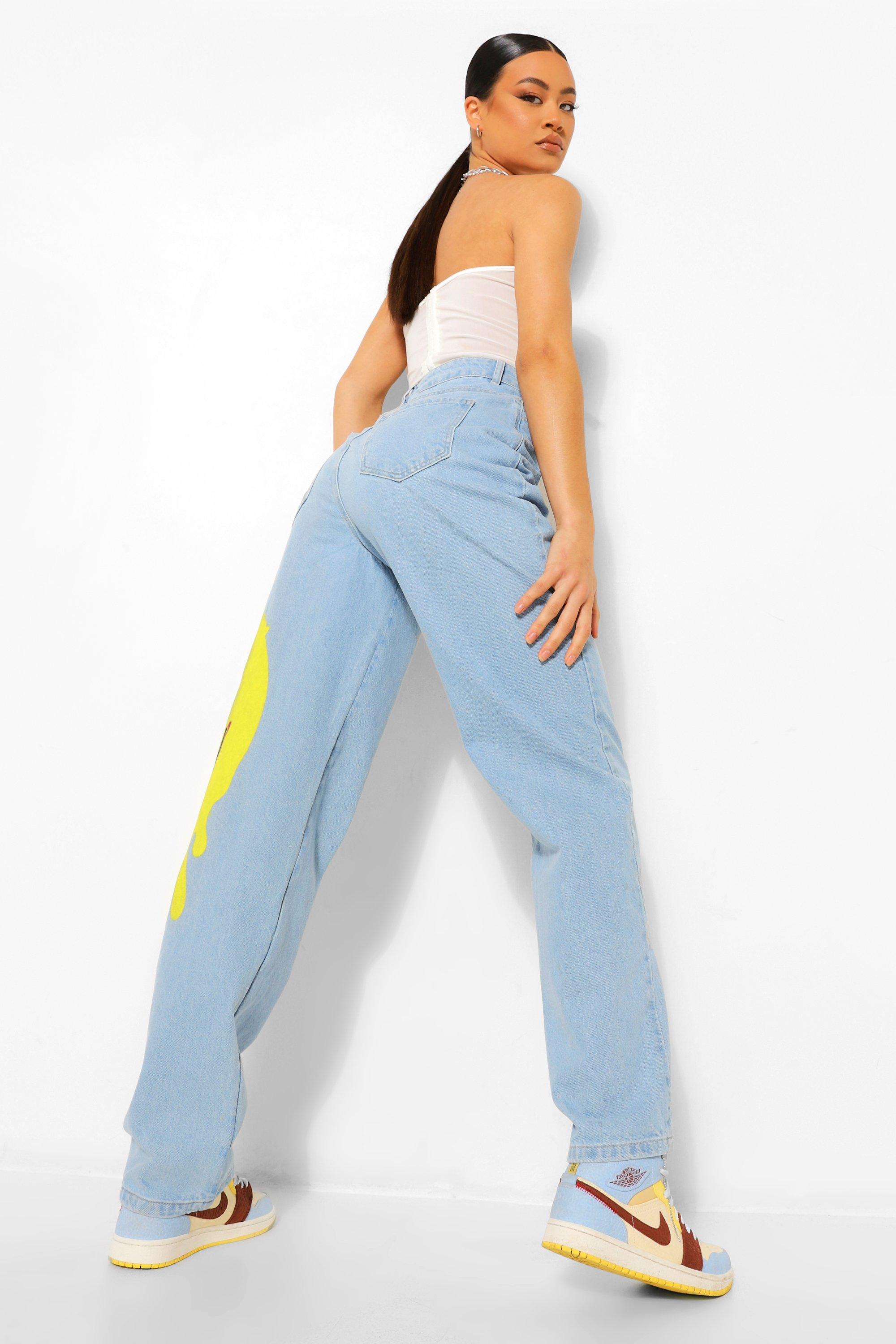 Smiley Print Baggy Boyfriend Jeans